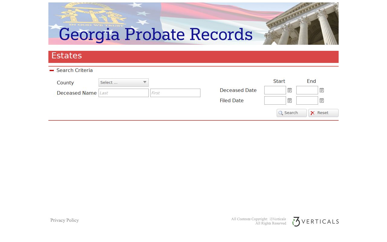Georgia Probate Records estate search fields for Pickens County case lookup
