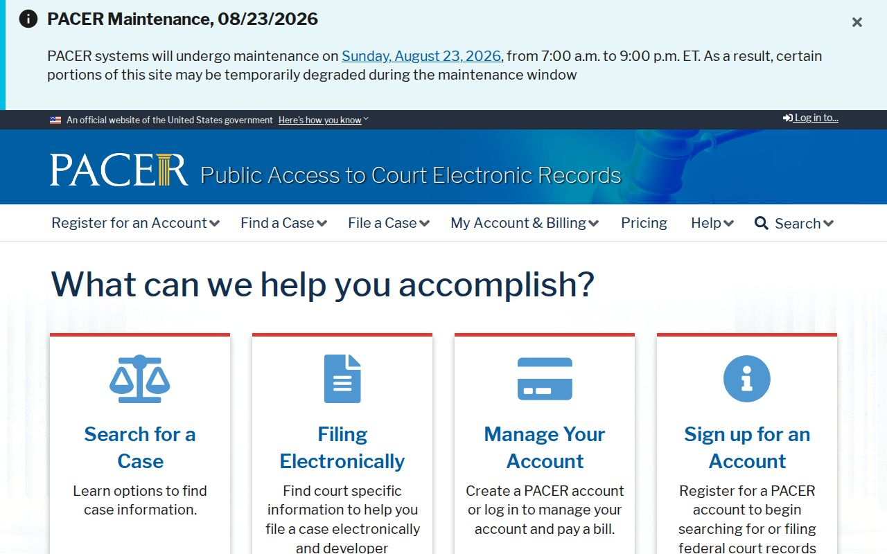 PACER federal Find a Case and account options