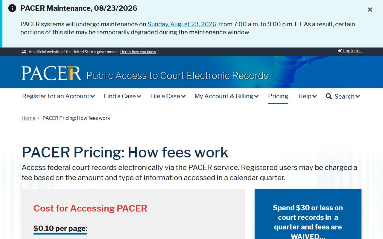 PACER federal docket and document pricing explanation