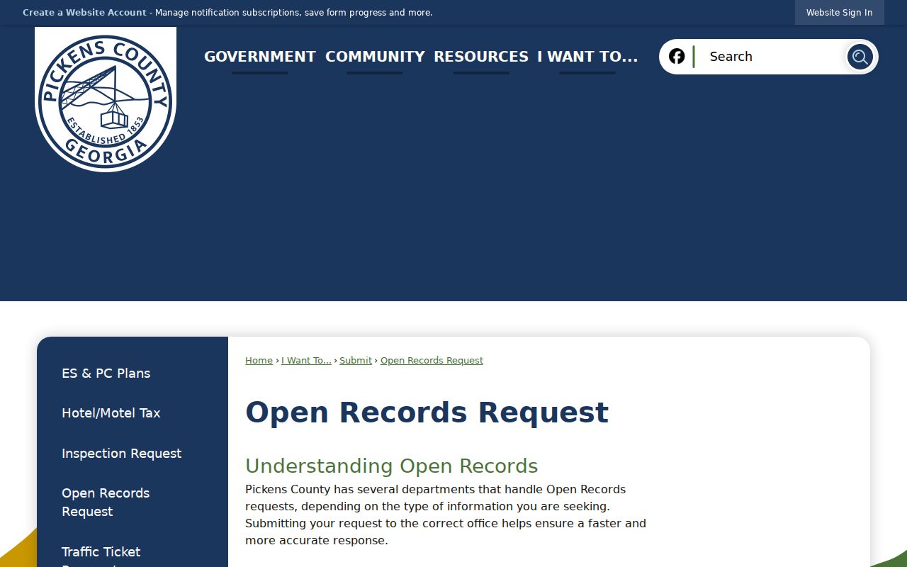 Pickens County court docket and open records routing page